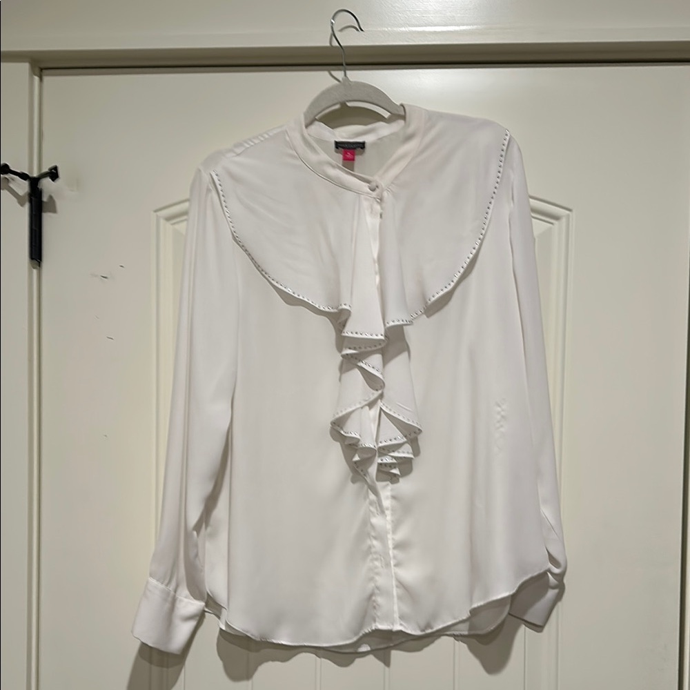 Vince Camuto White Blouse with Ruffled Bib Collar and Long Sleeves
